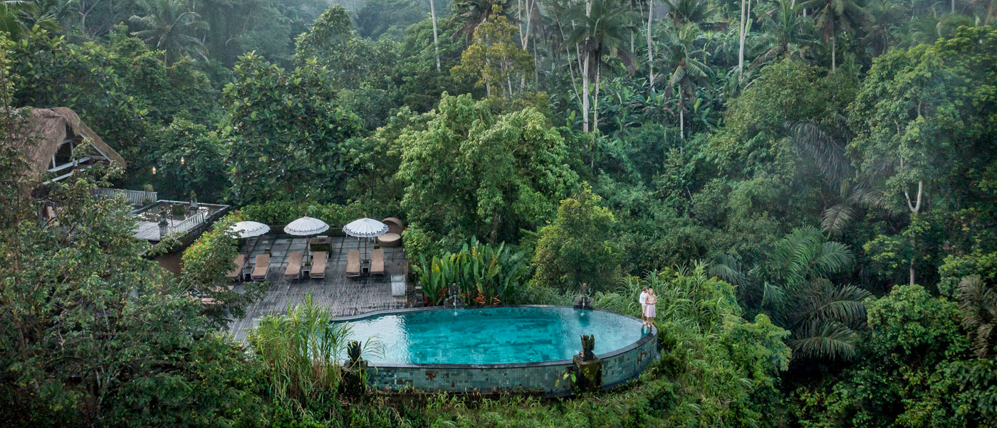 An inviting infinity pool at The Kayon Resort in Ubud, surrounded by a vibrant green jungle.