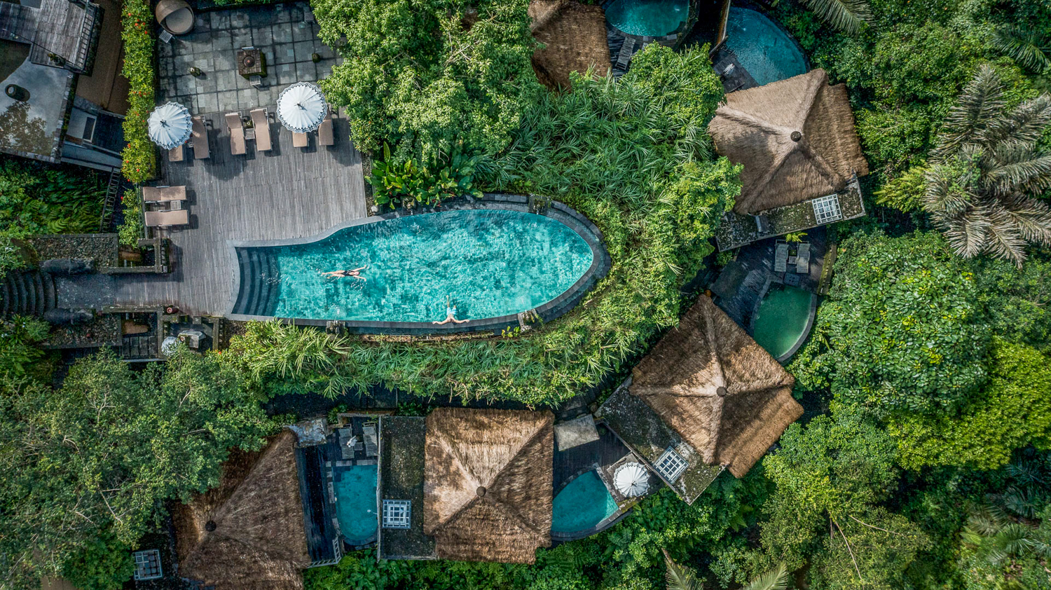 Two people swim in a beautiful Bali resort pool surrounded by lush tropical trees and villas.