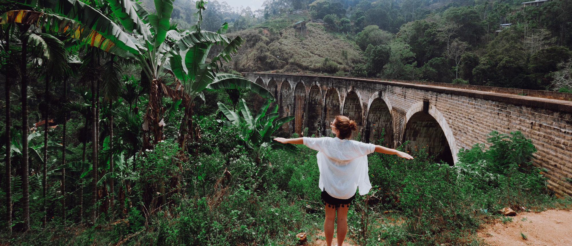 A person with outstretched arms stands before the Nine Arch Bridge, surrounded by Ella's lush jungle.