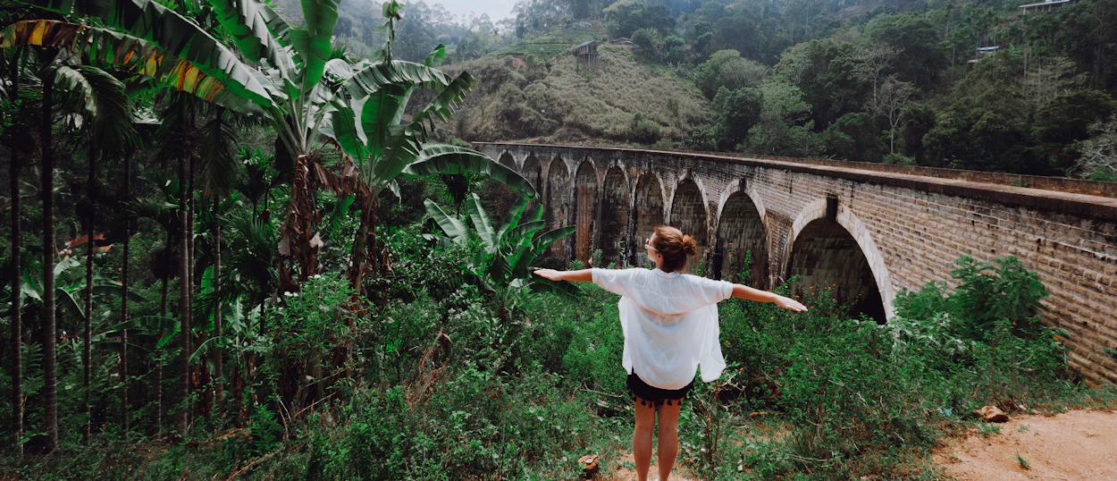 A person with outstretched arms stands before the Nine Arch Bridge, surrounded by Ella's lush jungle.