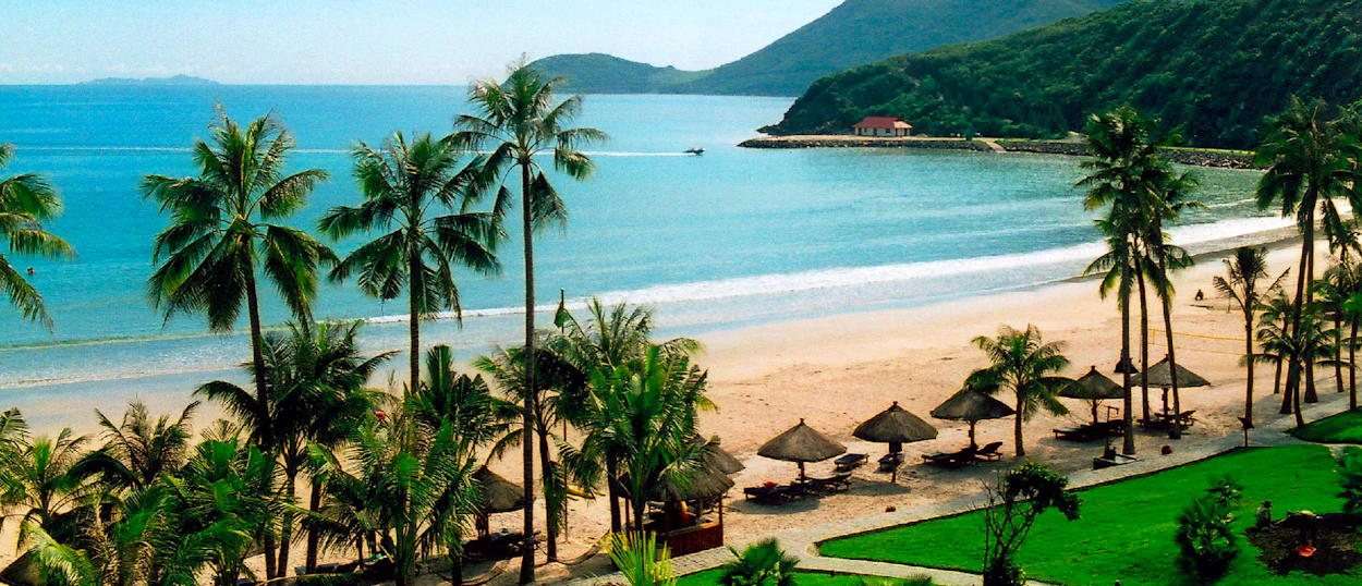 A serene tropical beach in Mui Ne with palm trees, thatched umbrellas, and calm blue water.