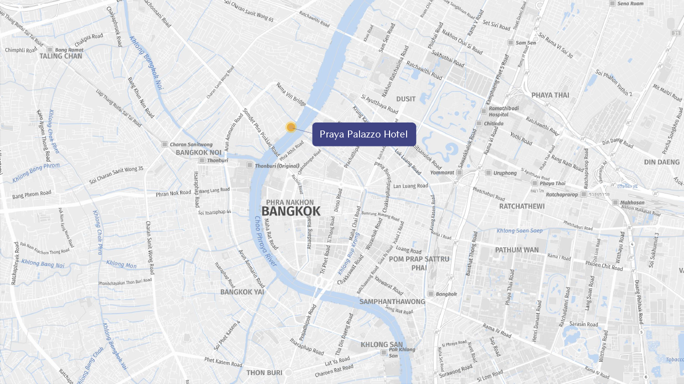 A map of Bangkok showing the Chao Phraya river and the location of Praya Palazzo Hotel.
