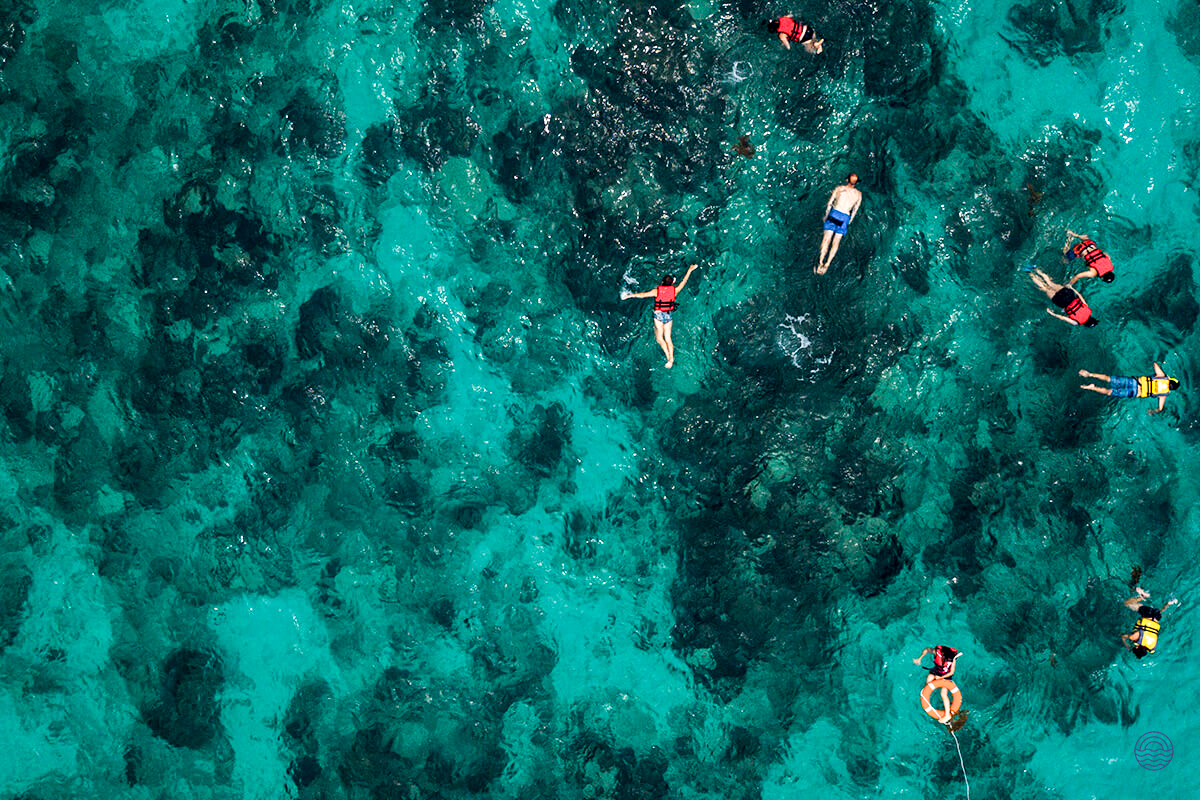 Tourists enjoy snorkeling in the vibrant turquoise waters during an island hopping adventure near Koh Samui.