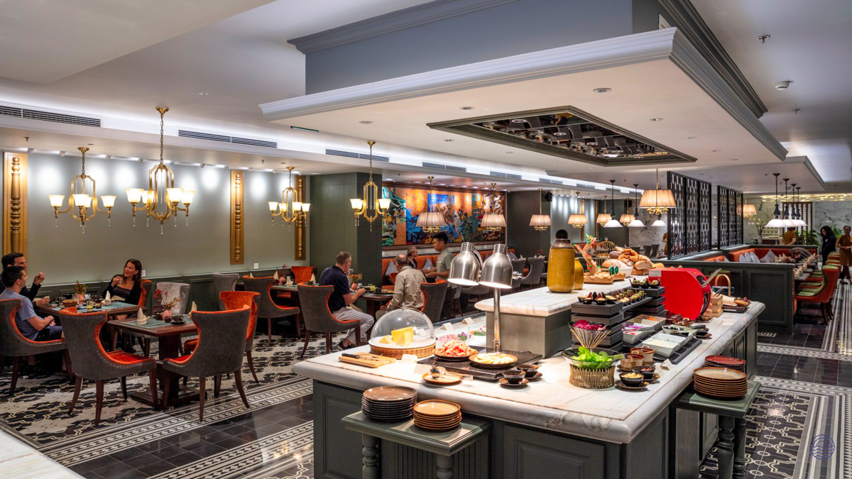 Luxurious dining room with a grand buffet spread at the Peridot Grand Hotel in Hanoi.