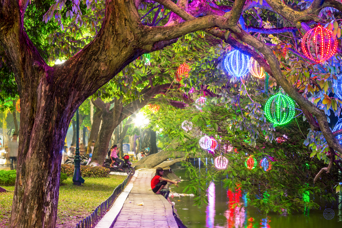 Colorful lanterns illuminate trees and reflect on the water in a peaceful Hanoi park at night.