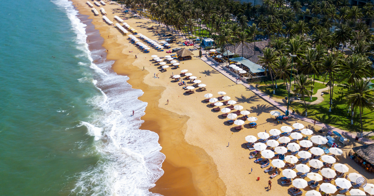 Golden sands and tranquil waves at An Bang Beach in Hoi An, lined with white umbrellas.