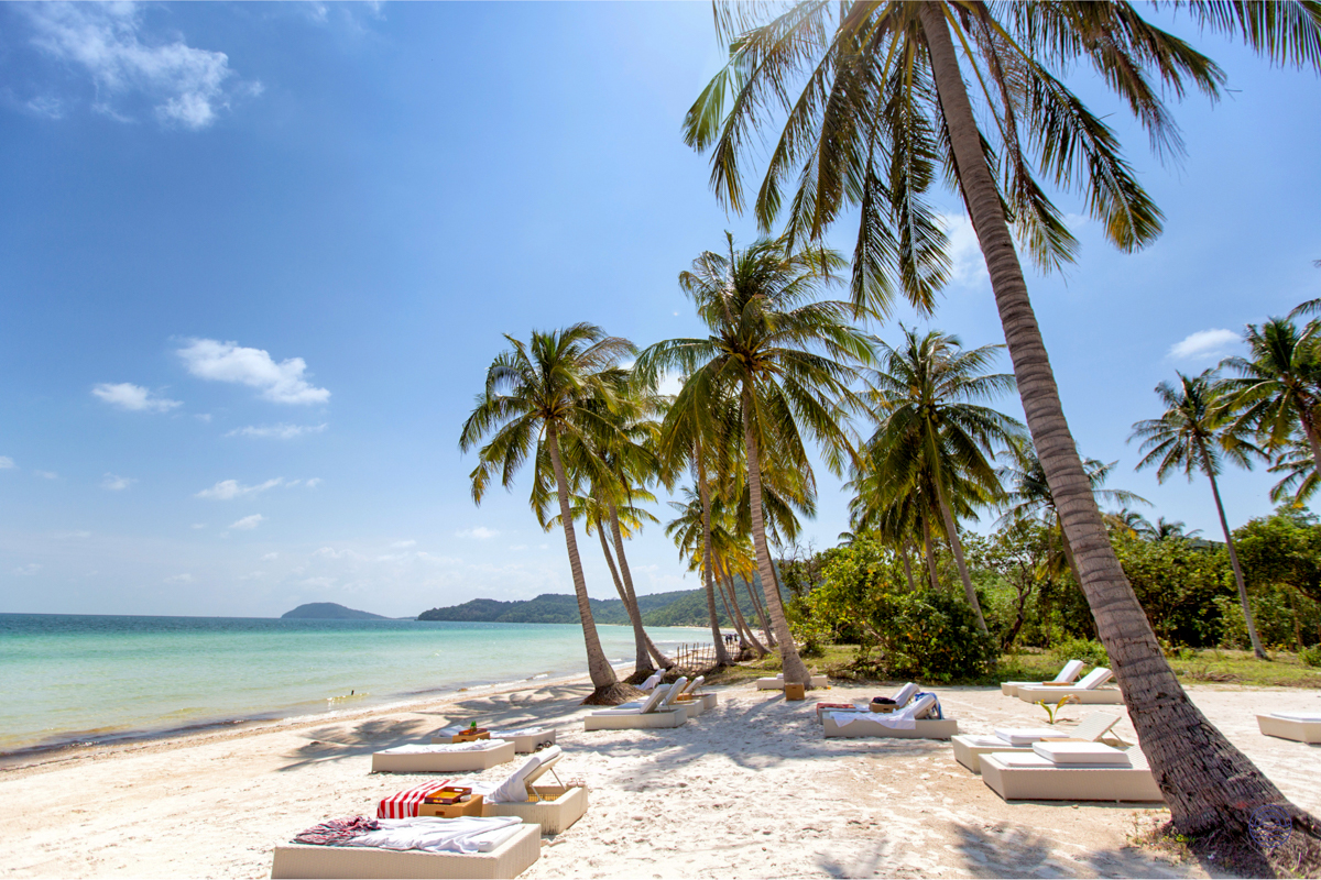 Relaxing white sand beach with palm trees and lounge chairs under a clear blue sky in Phu Quoc.
