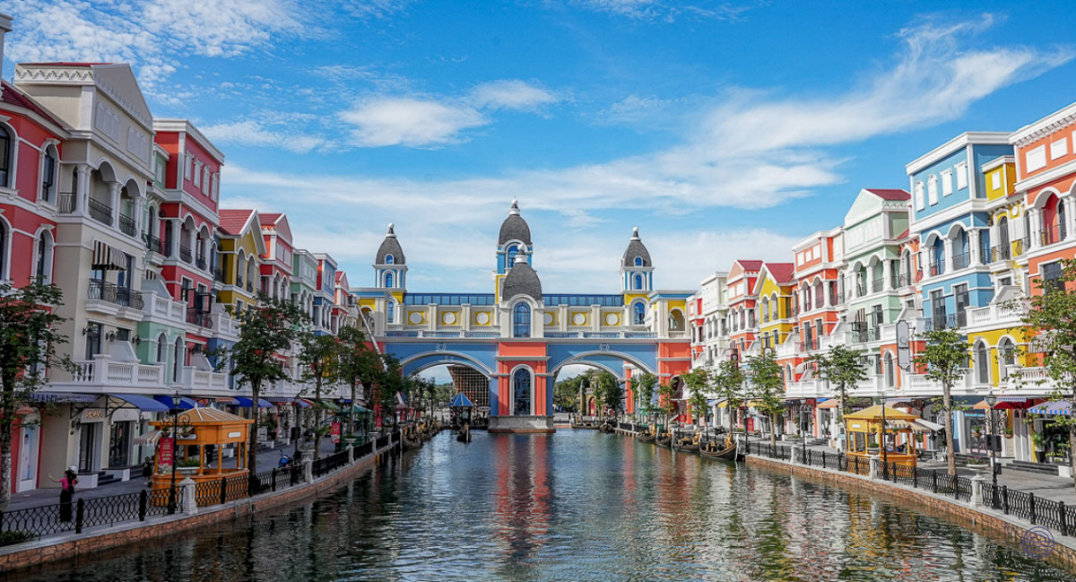 Vibrant Mediterranean-style architecture along a canal in the beautiful Sunset Town, Phu Quoc.
